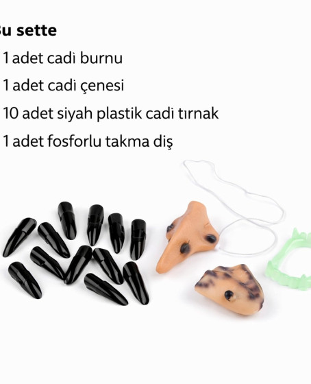 Cadı Aksesuar Seti – Burun, Çene, Fosforlu Diş ve 10 Adet Siyah Tırnak Cadı Aksesuar Seti – Burun, Çene, Fosforlu Diş ve 10 Adet Siyah Tırnak