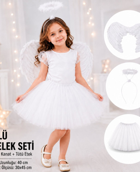 Çocuk Beyaz Melek Kostüm Seti – Melek Kanadı, Taç ve Tütü Etek 3’lü Set Çocuk Beyaz Melek Kostüm Seti – Melek Kanadı, Taç ve Tütü Etek 3’lü Set