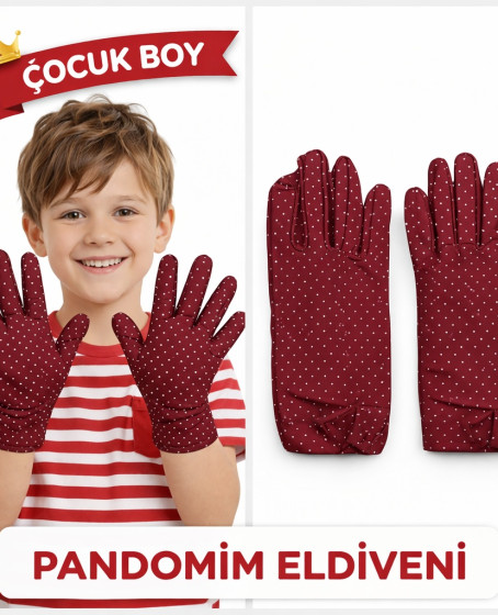 Çocuk Boy Pandomim Eldiveni Beyaz Puantiyeli Bordo Renk Gösteri Eldiveni 23 Nisan 19 Mayıs