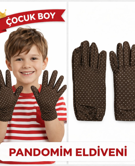 Çocuk Boy Pandomim Eldiveni Beyaz Puantiyeli Kahve Renk Gösteri Eldiveni 23 Nisan 19 Mayıs