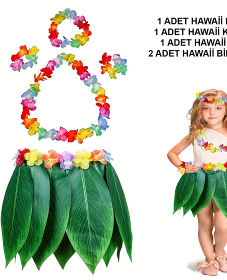 Çocuk Hawaii Kostüm Seti - Yaprak Etek & Hawaii Set - 5 Parça
