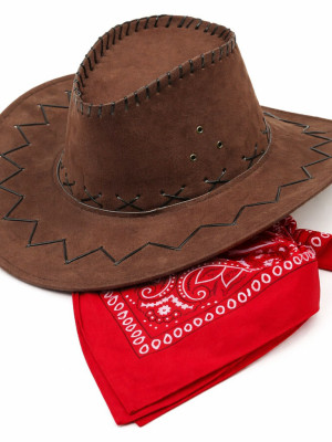 Çocuk Kovboy Şapka Kahverengi & Kırmızı Bandana Fular Seti Çocuk Kovboy Şapka Kahverengi & Kırmızı Bandana Fular Seti