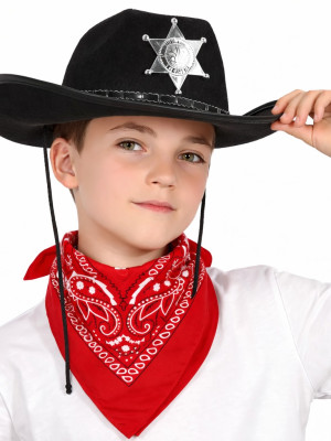 Çocuk Kovboy Şapka Rozetli Siyah & Kırmızı Bandana Fular Seti
