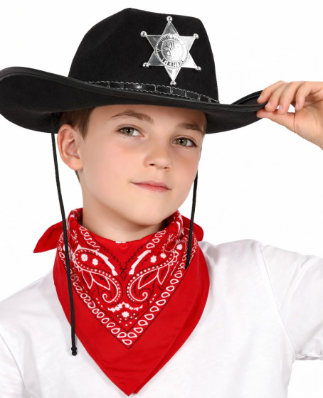 Çocuk Kovboy Şapka Rozetli Siyah & Kırmızı Bandana Fular Seti Çocuk Kovboy Şapka Rozetli Siyah & Kırmızı Bandana Fular Seti