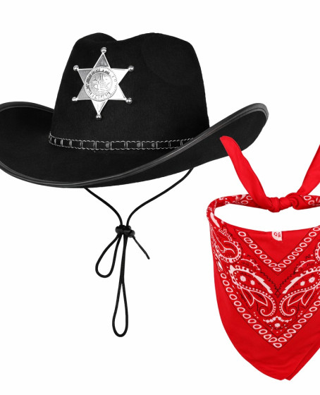 Çocuk Kovboy Şapka Rozetli Siyah & Kırmızı Bandana Fular Seti Çocuk Kovboy Şapka Rozetli Siyah & Kırmızı Bandana Fular Seti