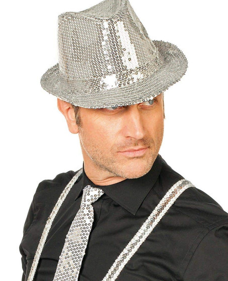 Disko Star Gümüş Payetli Fötr Şapka Yetişkin Boy