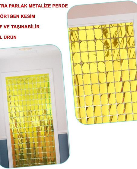 Ekstra Metalize Altın Renk Disko Dikdörtgen Kesim Kapı Perdesi Dekorasyon 1x2 Metre