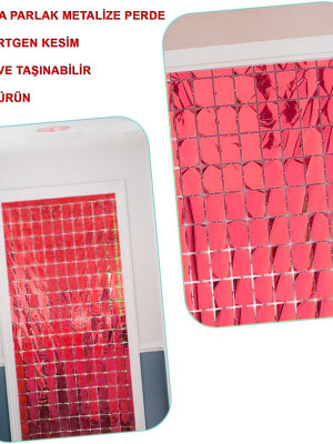 Ekstra Metalize Kırmızı Renk Disko Dikdörtgen Kesim Kapı Perdesi Dekorasyon 1x2 Metre