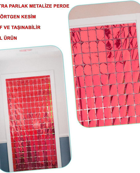 Ekstra Metalize Kırmızı Renk Disko Dikdörtgen Kesim Kapı Perdesi Dekorasyon 1x2 Metre