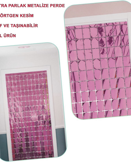 Ekstra Metalize Rose Gold Renk Disko Dikdörtgen Kesim Kapı Perdesi Dekorasyon 1x2 Metre
