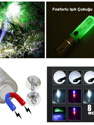 El Feneri 8 Mod Şarjlı Fosforlu Mıknatıslı Led El Feneri