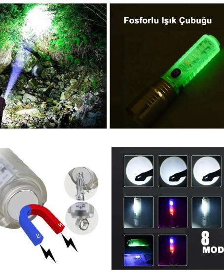 El Feneri 8 Mod Şarjlı Fosforlu Mıknatıslı Led El Feneri