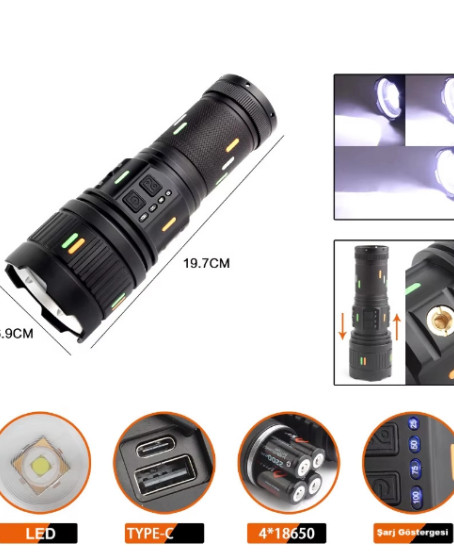F.B.I Pro F-3001 Alüminyum TG LED Güç Göstergeli Type-C Şarjlı El Feneri 100 W F.B.I Pro F-3001 Alüminyum TG LED Güç Göstergeli Type-C Şarjlı El Feneri 100 W
