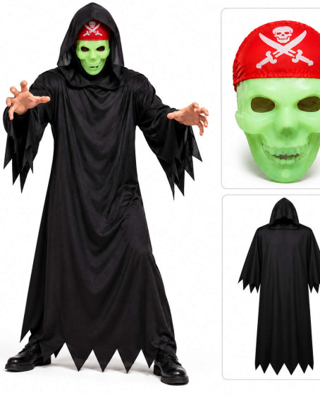 Fosforlu Kafatası Maskeli Siyah Hayalet Kostümü – 140 cm