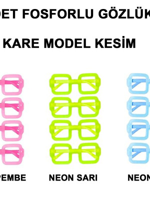 Fosforlu Kare Model Glow Parti Gözlüğü Karanlıkta Yanan Gözlükler 12 Adet
