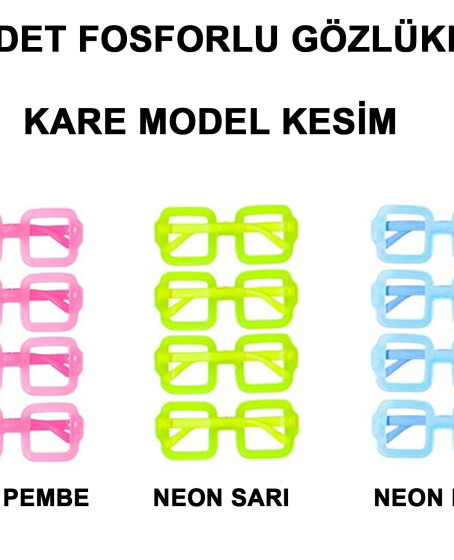 Fosforlu Kare Model Glow Parti Gözlüğü Karanlıkta Yanan Gözlükler 12 Adet
