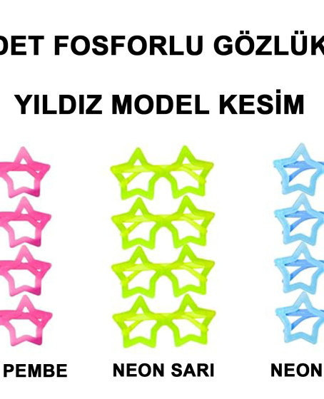 Fosforlu Yıldız Model Glow Parti Gözlüğü Karanlıkta Yanan Gözlükler 12 Adet