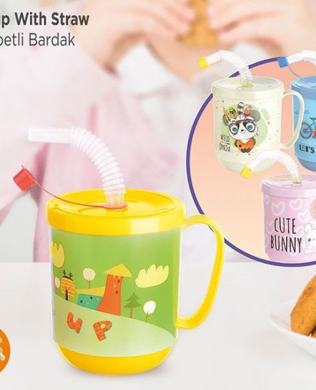 3 Adet pipetli Çocuk Içecek Bardağı Desenli Bardak 350ml
