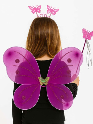 Fuşya Kelebek Kız Seti – 50 cm Kelebek Kanadı, Taç ve Asa
