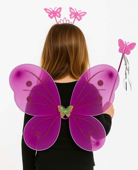 Fuşya Kelebek Kız Seti – 50 cm Kelebek Kanadı, Taç ve Asa