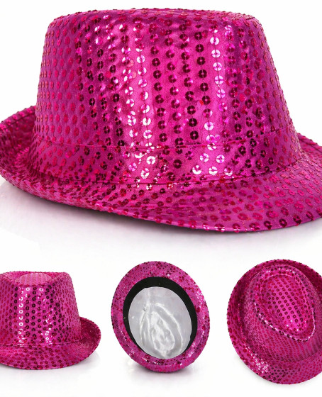 Fuşya Pembe Payetli Disco Parti Şapkası Yetişkin Işıltılı Fötr Model