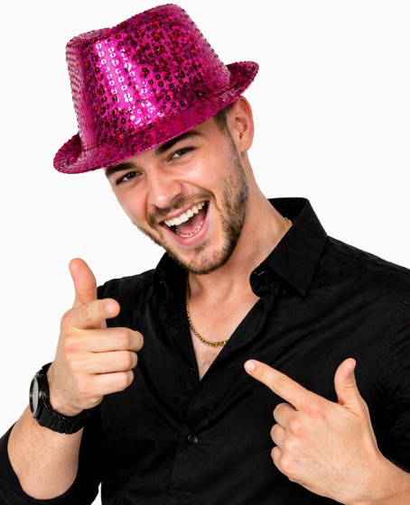 Fuşya Pembe Payetli Disco Parti Şapkası Yetişkin Işıltılı Fötr Model