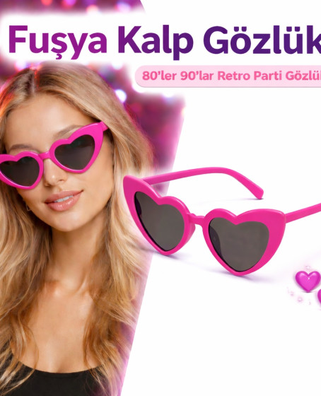 Fuşya  Retro Kalp Gözlük – 80’ler 90’lar Stil Parti Gözlüğü