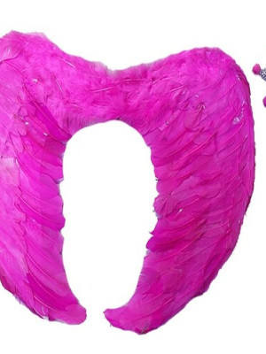 Gerçek Tüylü Katlanabilir Çocuk Pembe Melek Kanadı ve Asa Seti 40x55 cm