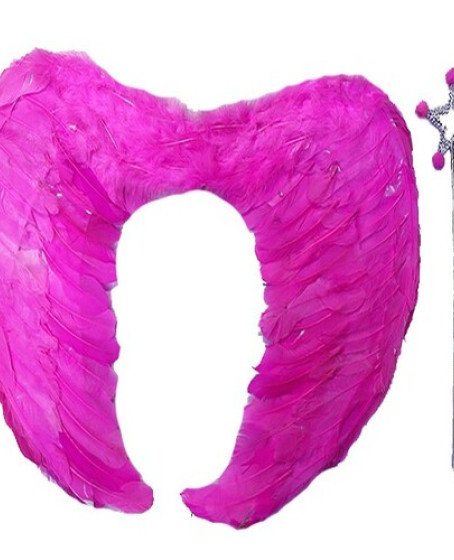 Gerçek Tüylü Katlanabilir Çocuk Pembe Melek Kanadı ve Asa Seti 40x55 cm