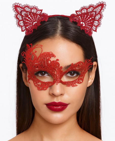 Gizemli Kırmızı Dantel Maske ve Taç Seti 1 No - Kostüm Seti