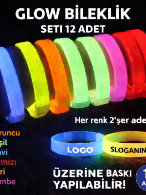 Glow Kalın Bileklik 12’li Set | Baskıya Uygun Renkli Model