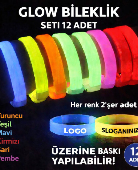 Glow Kalın Bileklik 12’li Set | Baskıya Uygun Renkli Model