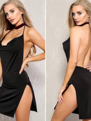 Gögüs ve Sırt Dekolteli Yırtmaçlı Mini Elbise
