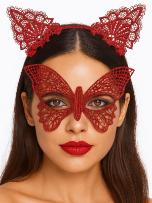 Gösterişli Kırmızı Dantel Maske ve Taç Seti 7 No – Masquerade ve Davetler için