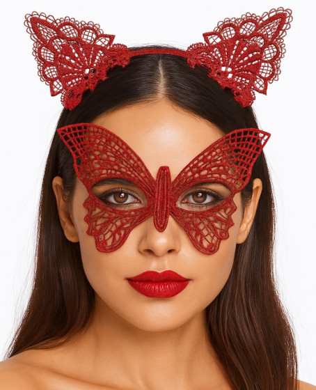 Gösterişli Kırmızı Dantel Maske ve Taç Seti 7 No – Masquerade ve Davetler için