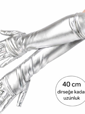 Gümüş Renk Dirsek Altı Lüks Saten Eldiven 40 cm