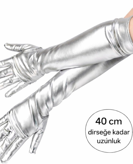 Gümüş Renk Dirsek Altı Lüks Saten Eldiven 40 cm