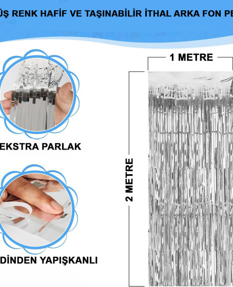 Gümüş Renk Ekstra Metalize Parlak Saçaklı Arka Fon Perde İthal A Kalite 1x2 Metre Gümüş Renk Ekstra Metalize Parlak Saçaklı Arka Fon Perde İthal A Kalite 1x2 Metre