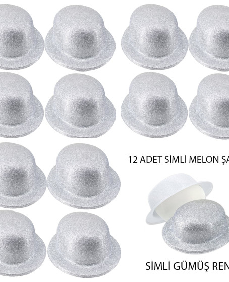 Gümüş Renk Simli Melon Yuvarlak Parti Şapkası 12 Adet
