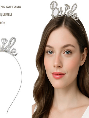 Gümüş Renkli Taşlı “Bride” Gelin Tacı – El Yazısı Yazı Tipiyle