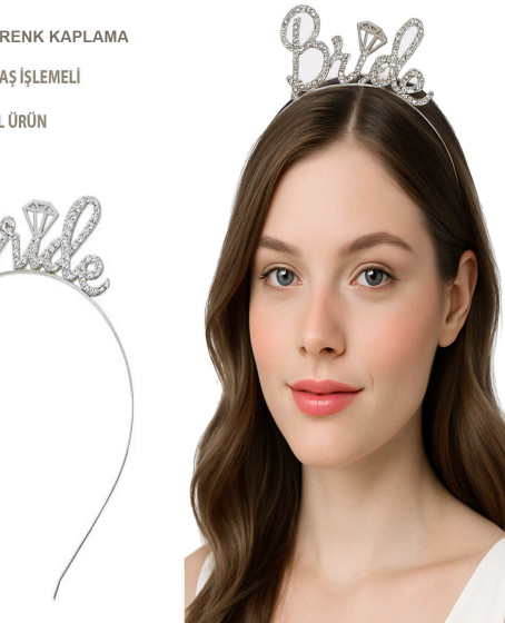 Gümüş Renkli Taşlı “Bride” Gelin Tacı – El Yazısı Yazı Tipiyle