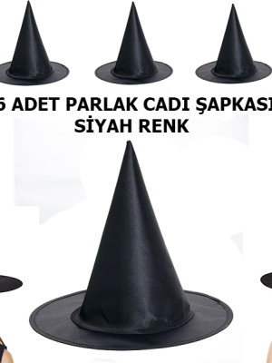 Siyah Renk Parlak Dralon Cadı Şapkası Yetişkin ve Çocuk Uyumlu 6 Adet