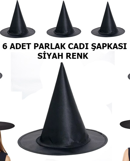 Siyah Renk Parlak Dralon Cadı Şapkası Yetişkin ve Çocuk Uyumlu 6 Adet