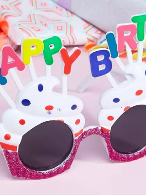 Happy Birthday Yazılı Beyaz Fuşya Renk Beyaz Pastalı Parti Gözlüğü 12x7 cm