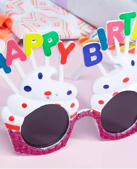 Happy Birthday Yazılı Beyaz Fuşya Renk Beyaz Pastalı Parti Gözlüğü 12x7 cm