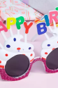 Happy Birthday Yazılı Beyaz Fuşya Renk Beyaz Pastalı Parti Gözlüğü 12x7 cm