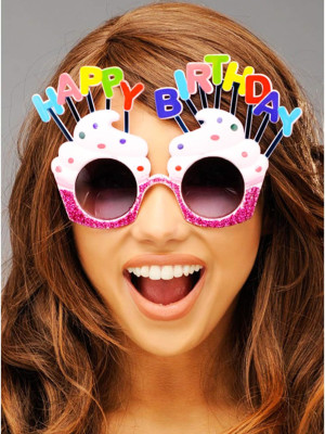 Happy Birthday Yazılı Beyaz Fuşya Renk Beyaz Pastalı Parti Gözlüğü 12x7 cm