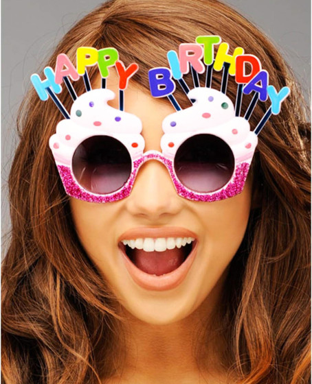 Happy Birthday Yazılı Beyaz Fuşya Renk Beyaz Pastalı Parti Gözlüğü 12x7 cm
