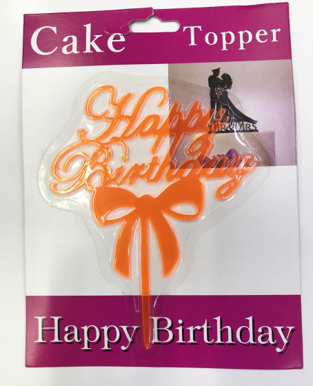 Happy Birthday Yazılı Fiyonklu Pasta Kek Çubuğu Turuncu Renk