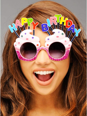 Happy Birthday Yazılı Pembe Fuşya Renk Pembe Pastalı Parti Gözlüğü 12x7 cm